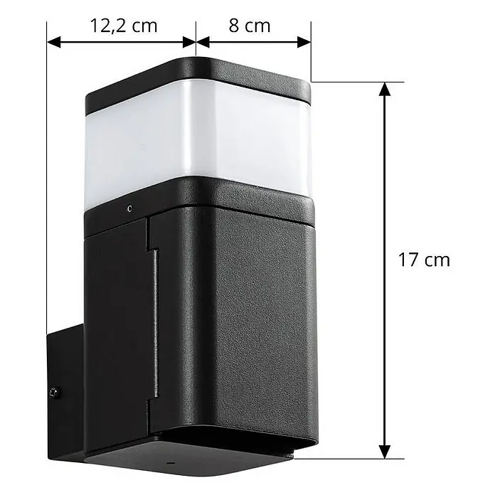 Lindby Außenwandleuchte Teyon - schwarz, weiß / opal, IP44 - Schwarze Außenwandleuchte mit weißem Leuchtteil. Maße: H 17 cm, T 12,2 cm, B 8 cm.