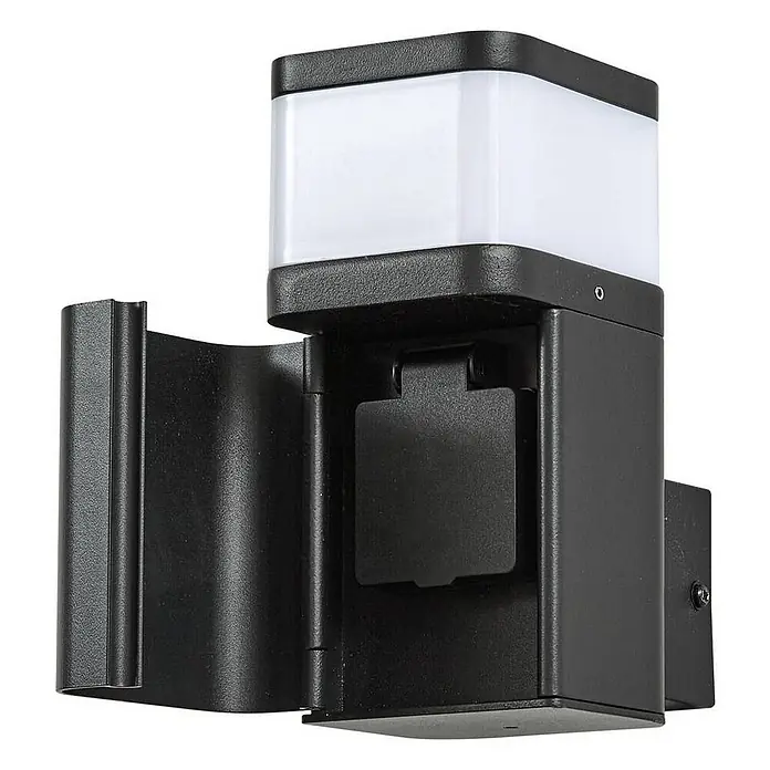Lindby Außenwandleuchte Teyon - schwarz, weiß / opal, IP44 - Schwarze Outdoor-Wandleuchte mit weißem, rechteckigem Diffusor und integrierter Montagehalterung.