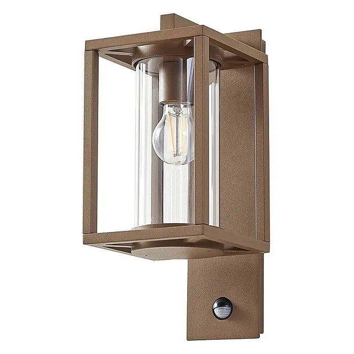 Lucande Außenwandleuchte Ferda - braun / rost, braun / rost, IP44 - Bronzefarbene Außenwandleuchte mit klarem Glaszylinder, Edison-LED-Birne und Bewegungssensor.