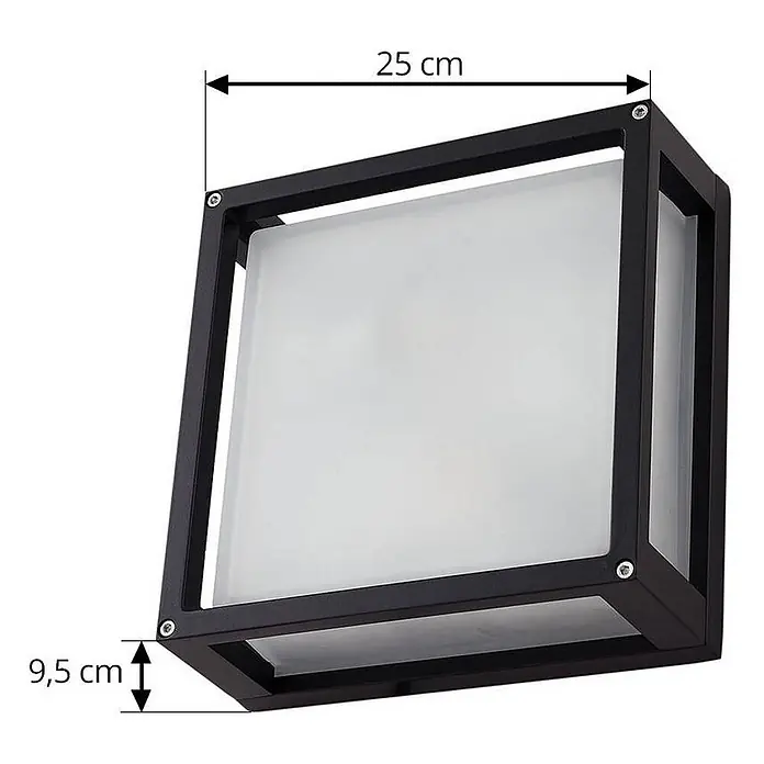 Lucande Außenwandleuchte Aurelien - schwarz, IP54 - Schwarze quadratische Außenwandleuchte mit Metallrahmen und mattierten Glasscheiben.