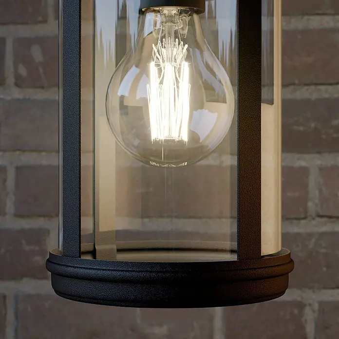 Lindby Außenwandleuchte Zayn - 23,8 x 19 x 33,4 cm, schwarz, IP23 - Dunkle, texturierte Außenwandleuchte mit Klarglasscheiben und beleuchteter LED-Filamentlampe.