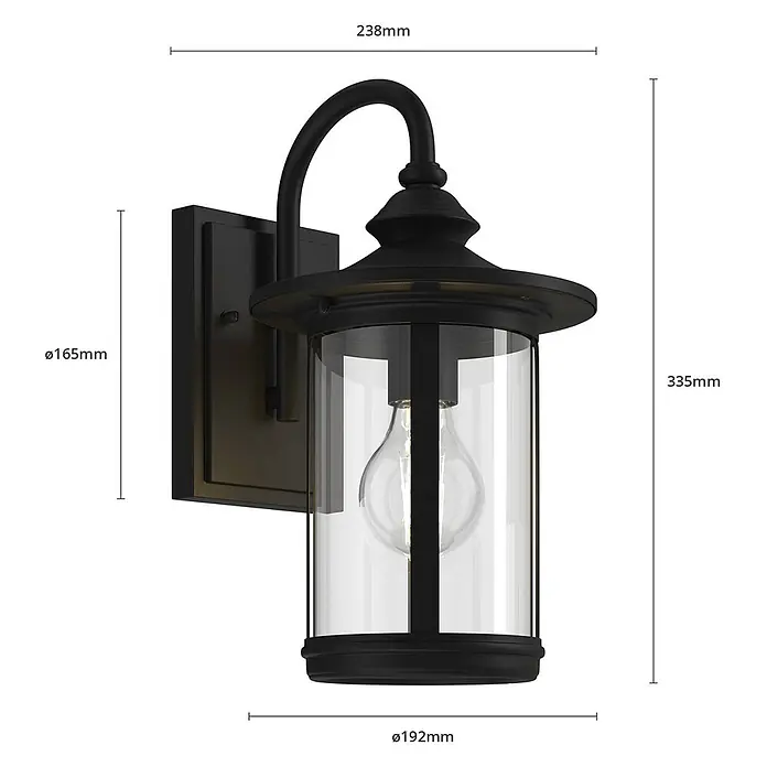 Lindby Außenwandleuchte Zayn - 23,8 x 19 x 33,4 cm, schwarz, IP23 - Schwarze Metall- und Klarglas-Außenwandleuchte mit sichtbarer Glühbirne.