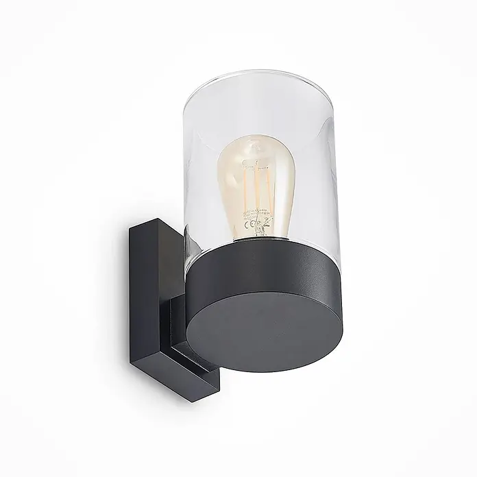 Arcchio Außenwandleuchte Liljana - schwarz, klar / transparent, IP65 - Schwarze Außenwandleuchte mit klarem Glaszylinder und sichtbarer Edison-LED-Lampe.