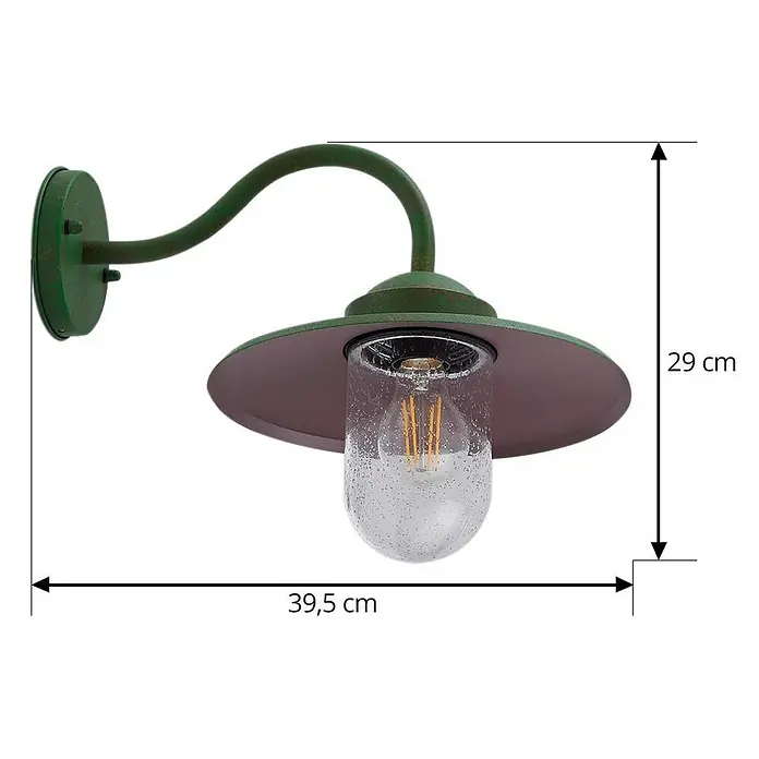 Lindby Außenwandleuchte Bilma - grün, IP44 - Verdigrisgrüne Außenwandleuchte mit breitem Schirm und klarem, blasigem Glas, mit sichtbarer LED-Glühbirne.
