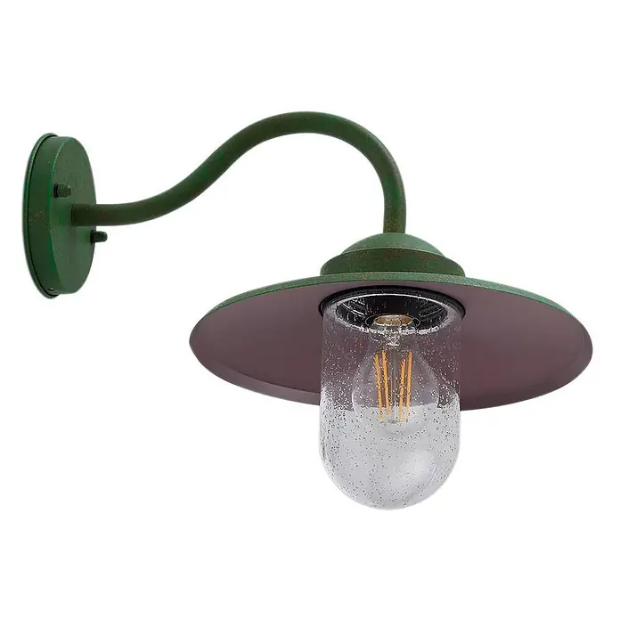 Lindby Außenwandleuchte Bilma - grün, IP44 - Grüne Außenwandleuchte im Used-Look mit geschwungenem Arm, breitem Schirm und strukturiertem Glas mit Edison-LED-Birne.