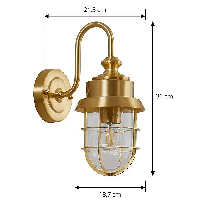 Lindby Außenwandleuchte Adalie - 21,5 x 13,7 x 31 cm, messing / gold, IP44 - Messingfarbene Wandleuchte im nautischen Stil mit gebogenem Arm und klarem Käfigglas.