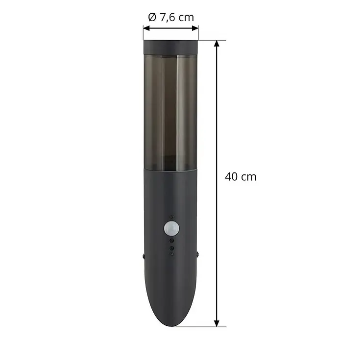 Lindby Außenwandleuchte Statius - 7,6 x 7,6 x 40 cm, schwarz, IP44 - Anthrazitfarbene zylindrische Außenleuchte, 40 cm hoch, 7,6 cm Durchmesser, mit transluzentem Oberteil und Bewegungssensor.