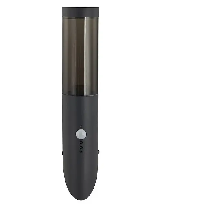 Lindby Außenwandleuchte Statius - 7,6 x 7,6 x 40 cm, schwarz, IP44 - Dunkelgraues zylindrisches intelligentes Außengerät mit transluzentem Oberteil und integriertem Bewegungssensor.