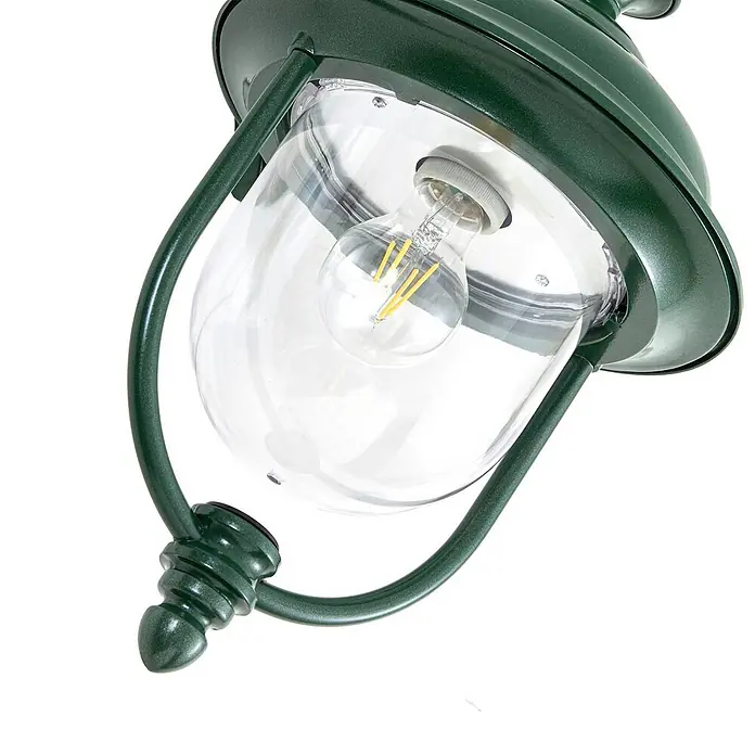 Lindby Außenwandleuchte Clint - grün, IP44 - Dunkelgrüne Außenlaterne im klassischen Design mit klarem Glasschirm und sichtbarer LED-Glühfadenlampe.