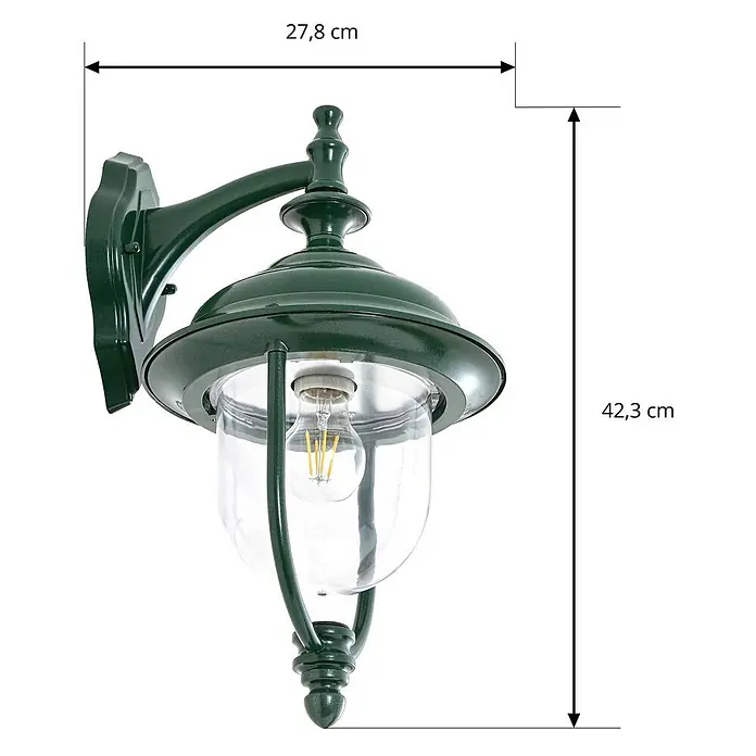 Lindby Außenwandleuchte Clint - grün, IP44 - Dunkelgrüne Metall-Außenwandleuchte mit klarem Glas, 27,8 cm breit, 42,3 cm hoch.