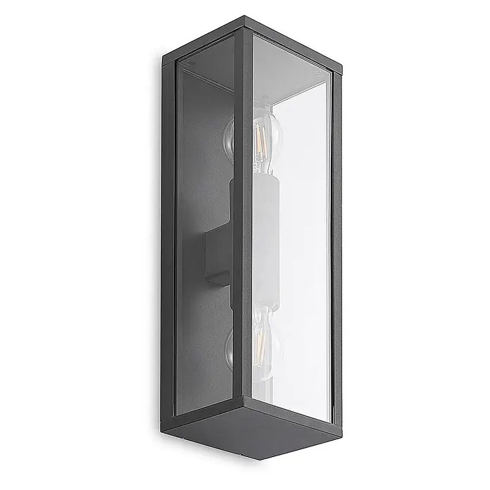 Lindby Außenwandleuchte Peldar - schwarz, IP44 - Anthrazitfarbene Außenwandleuchte mit rechteckigem Metallrahmen und Klarglas, zwei Filamentlampen zeigend.