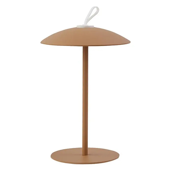Lindby LED-Tischleuchte Kanani - braun / rost, braun / rost, Warmweiß - Hellbraune, tragbare Lampe mit pilzförmigem Schirm und weißer Schlaufe oben.