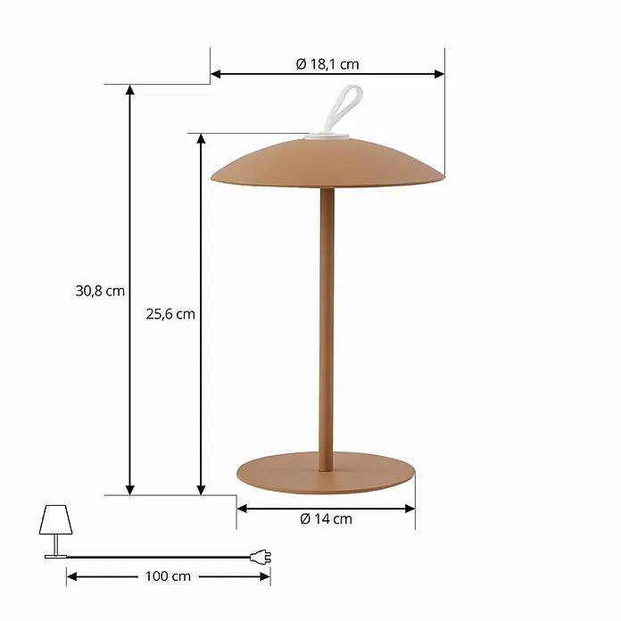 Lindby LED-Tischleuchte Kanani - braun / rost, braun / rost, Warmweiß - Matte braune Tischlampe mit rundem Fuß und pilzförmigem Schirm, mit Maßen gezeigt.