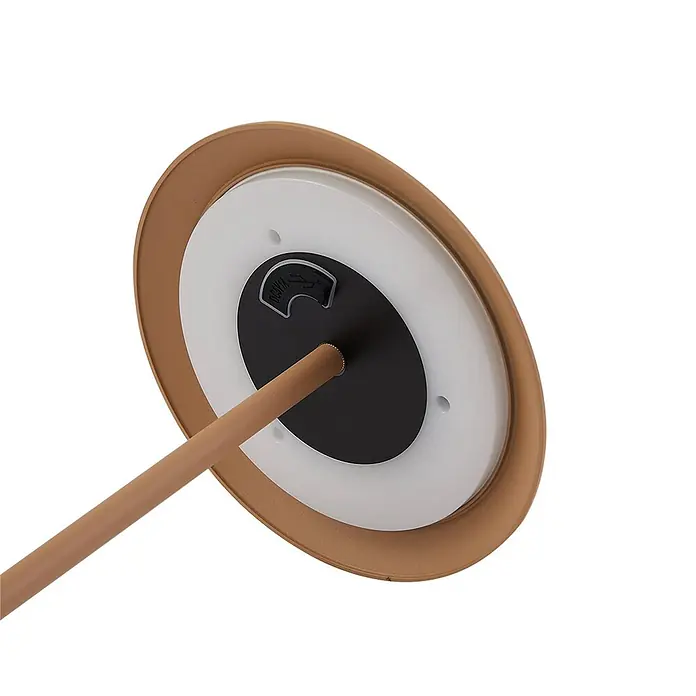 Lindby LED-Tischleuchte Kanani - braun / rost, braun / rost, Warmweiß - Bronze-farbener Stehlampenfuß mit weiß/schwarzem Detail, integriertem USB-Ladeanschluss und passender Stange.