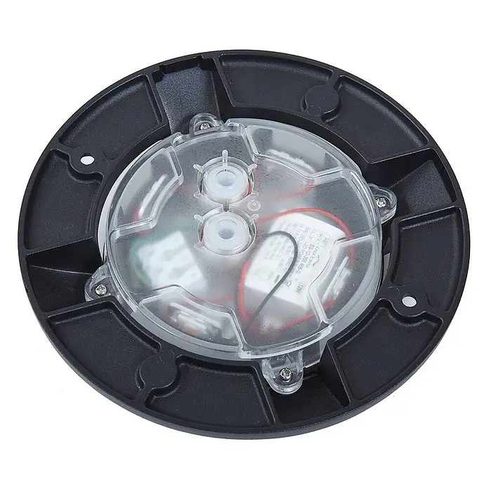 Lucande LED-Gartenstrahler Jeffrey - 3.000 K - Runde schwarze Einbauleuchtenkomponente mit transparenter Abdeckung, die interne Elektronik zeigt.
