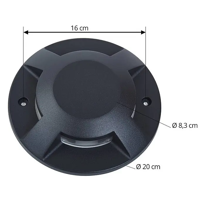 Lucande LED-Gartenstrahler Jeffrey - 3.000 K - Schwarze runde Bodeneinbauleuchte mit vier Lichtausschnitten, 20 cm Durchmesser.