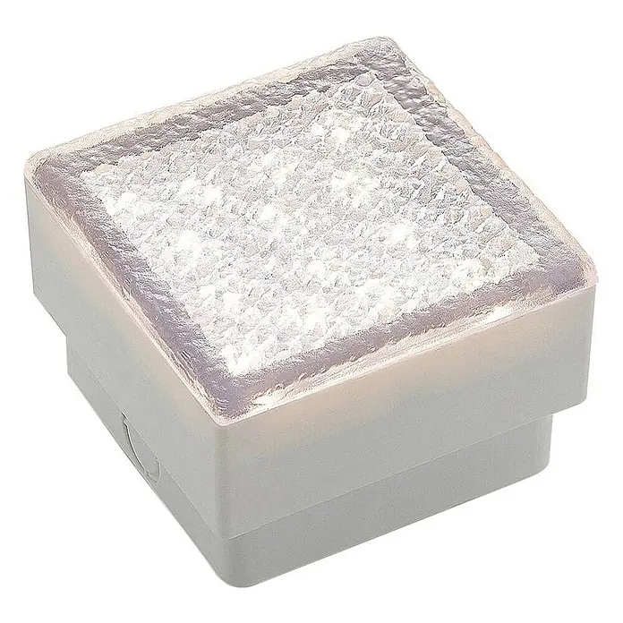 Prios LED-Gartenstrahler Ewgenie - 3.000 K, 10 x 10 x 6 cm - Quadratische LED-Leuchte mit texturierter, lichtdurchlässiger Oberseite und hellgrauem Sockel.