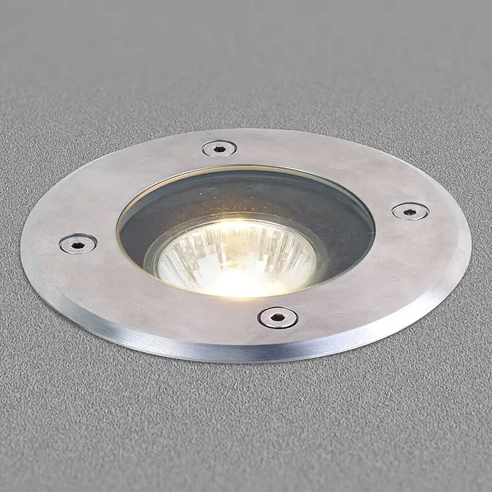 Lucande LED-Gartenstrahler Ava -  - Runder Einbaustrahler aus gebürstetem Metall mit Glasabdeckung und leuchtender Glühbirne.