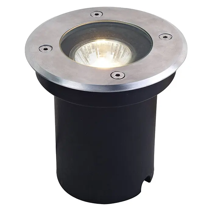 Lucande LED-Gartenstrahler Ava -  - Bodeneinbauleuchte aus Edelstahl mit schwarzem Zylindergehäuse und leuchtender Birne unter Glas.
