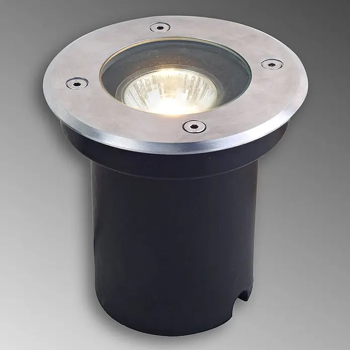 Lucande LED-Gartenstrahler Ava -  - Einbau-Außenstrahler mit schwarzem Gehäuse, silbernem Rahmen und beleuchteter Birne unter Klarglas.