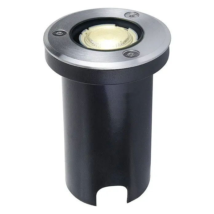 Lucande LED-Gartenstrahler Kenan - 3.000 K - Schwarze zylindrische Bodeneinbauleuchte mit gebürsteter Metallplatte, befestigt mit drei Sechskantschrauben, mit warmweißem Licht.