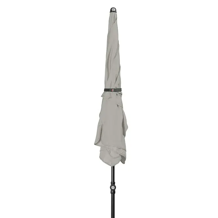 Doppler Sunline Marktschirm Waterproof Neo - Grau, Bespannungsmaß (L x B): 185 x 120 cm - Nahaufnahme eines geschlossenen, grauen Sonnenschirms mit schwarzem Gestell, ideal für den Außenbereich.