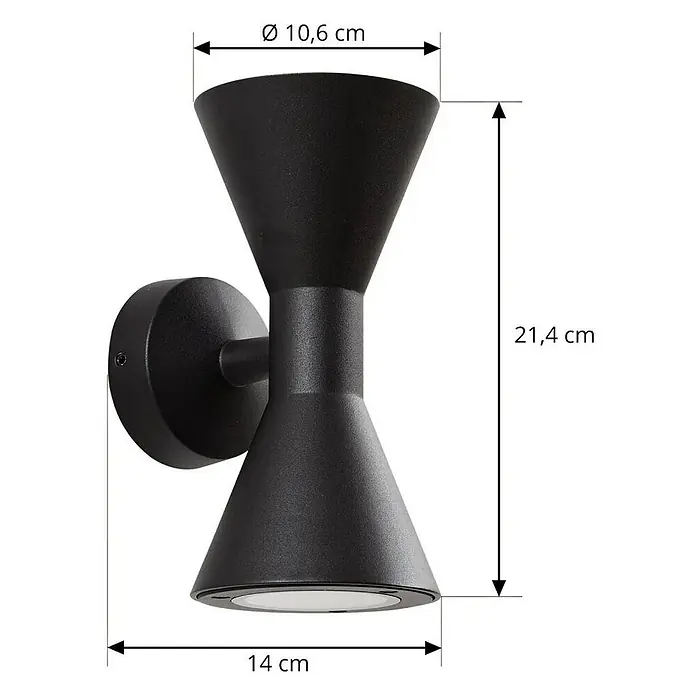 Lucande Außenwandleuchte Xalor - schwarz, IP65 - Schwarze, sanduhrförmige Wandleuchte, H 21,4 cm, Ø 10,6 cm, T 14 cm.