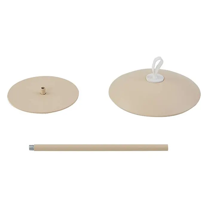 Lindby LED-Tischleuchte Kanani - L x B x H: 18,1 x 18,1 x 30,8 cm, creme / amber, creme / amber, Warmweiß - Zerlegte hellbeige Ständer- oder Lampenteile: runde Basis, gewölbte Oberseite mit weißem Griff und eine Gewindestange.