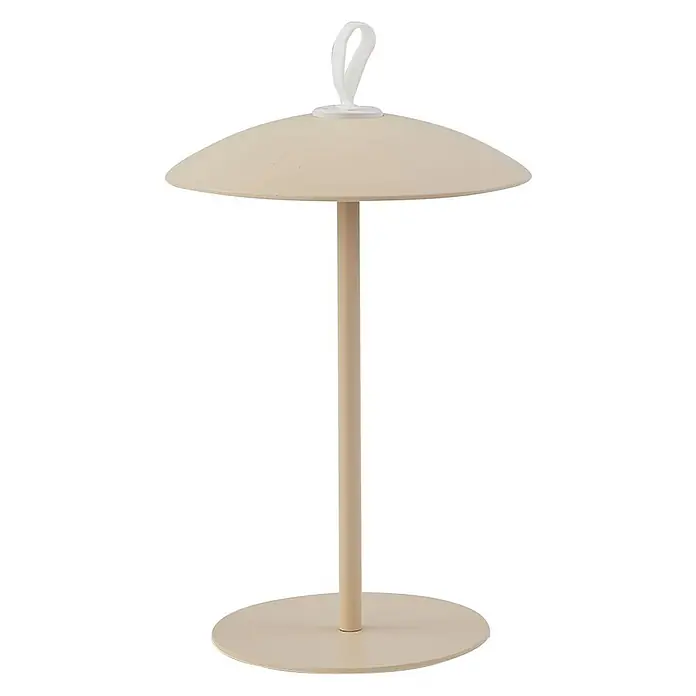 Lindby LED-Tischleuchte Kanani - L x B x H: 18,1 x 18,1 x 30,8 cm, creme / amber, creme / amber, Warmweiß - Hellbeige tragbare Tischlampe mit schirmförmigem Oberteil, dünnem Ständer und rundem Fuß, mit weißer Aufhängeschlaufe.