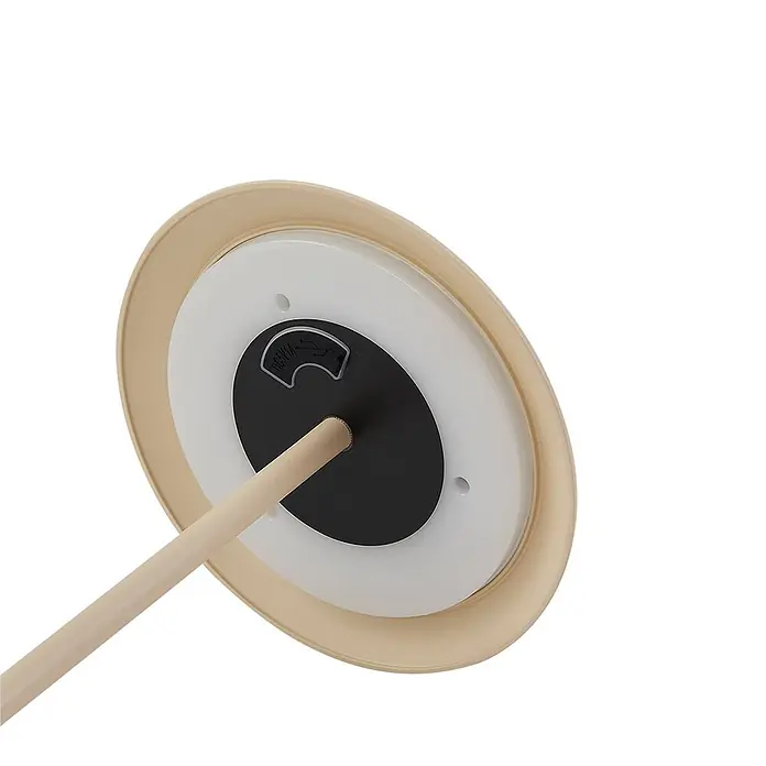 Lindby LED-Tischleuchte Kanani - L x B x H: 18,1 x 18,1 x 30,8 cm, creme / amber, creme / amber, Warmweiß - Unterseite eines beigen und weißen Lampensockels mit schwarzem Mittelpanel, mit 'DC 5V' USB-Anschluss und einer auskragenden Stange.