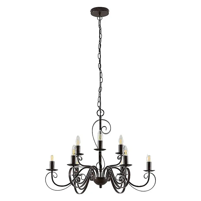 Lindby Kronleuchter Caleb - braun / rost, rostbraun, E14 - Rustikaler dunkelbrauner Metallleuchter mit 8 Armen und Kerzenlampen, an einer Kette aufgehängt.