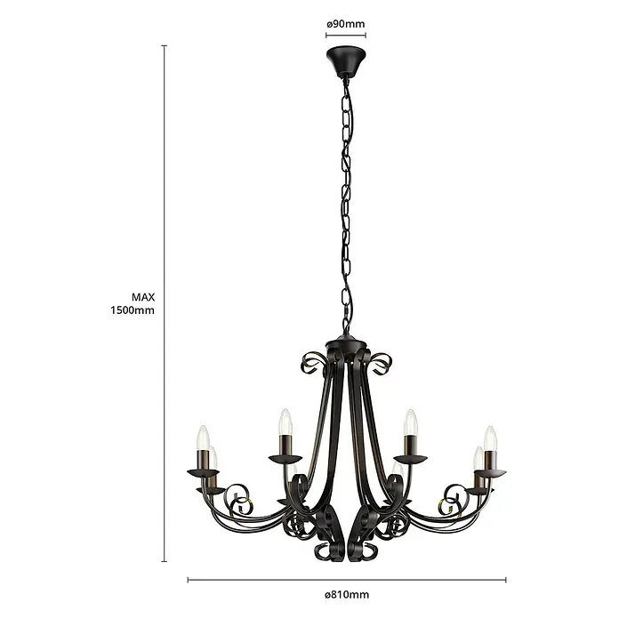 Lindby Kronleuchter Scaleria - antikbraun, E14 - Schwarzer Metall-Kronleuchter mit sechs kerzenförmigen Lichtern. Maße: Ø810mm Breite, max. 1500mm Höhe, Ø90mm Baldachin.