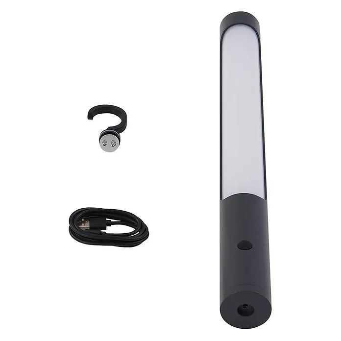 Lindby LED-Tischleuchte Kompis - alu / grau / zink, Warmweiß - Dunkelgrauer tragbarer LED-Leuchtstab mit weißem Diffusor, inkl. USB-Ladekabel und Magnethaken.