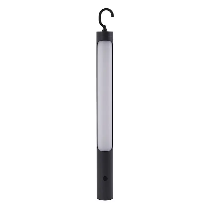 Lindby LED-Tischleuchte Kompis - alu / grau / zink, Warmweiß - Schwarze zylindrische tragbare LED-Lampe mit weißer Lichtfläche und Aufhängehaken oben.