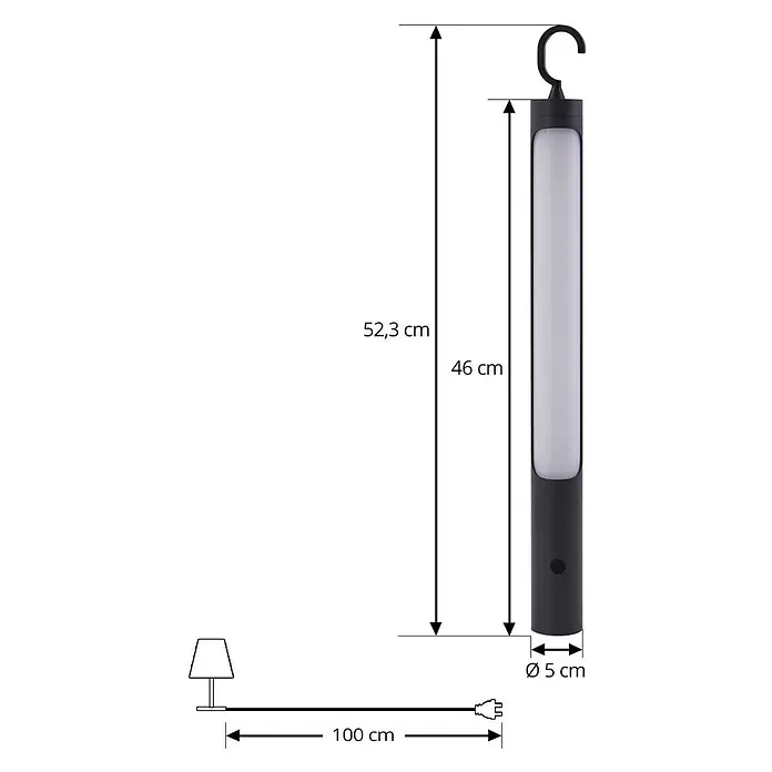 Lindby LED-Tischleuchte Kompis - alu / grau / zink, Warmweiß - Schwarze zylindrische LED-Hängeleuchte mit Haken und weißem Diffusor. Gesamtlänge 52,3 cm, Durchmesser 5 cm.