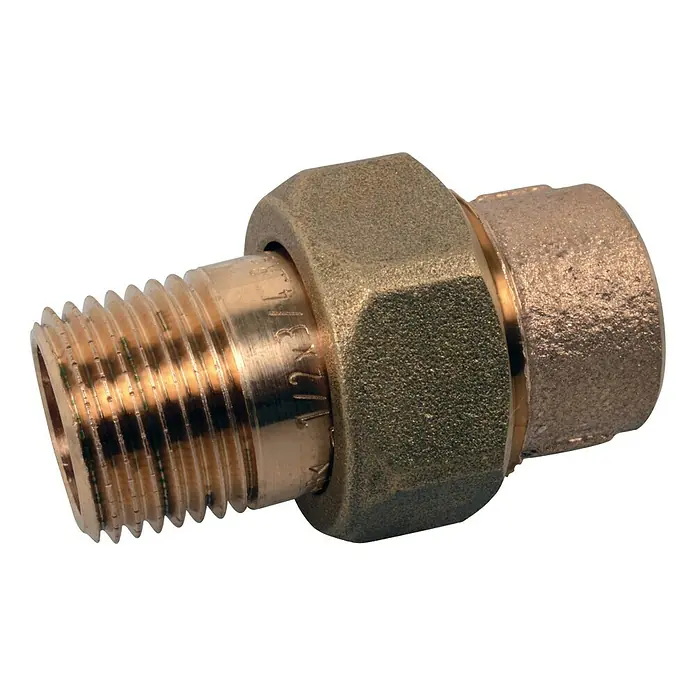 Rohrverschraubung 4341g - Durchmesser: 15 mm, Außengewinde: ½″, Rotguss - Nahaufnahme eines Kupfer-Übergangsstücks mit Gewinde und einer Sechskantmutter, das für Sanitärinstallationen verwendet wird.