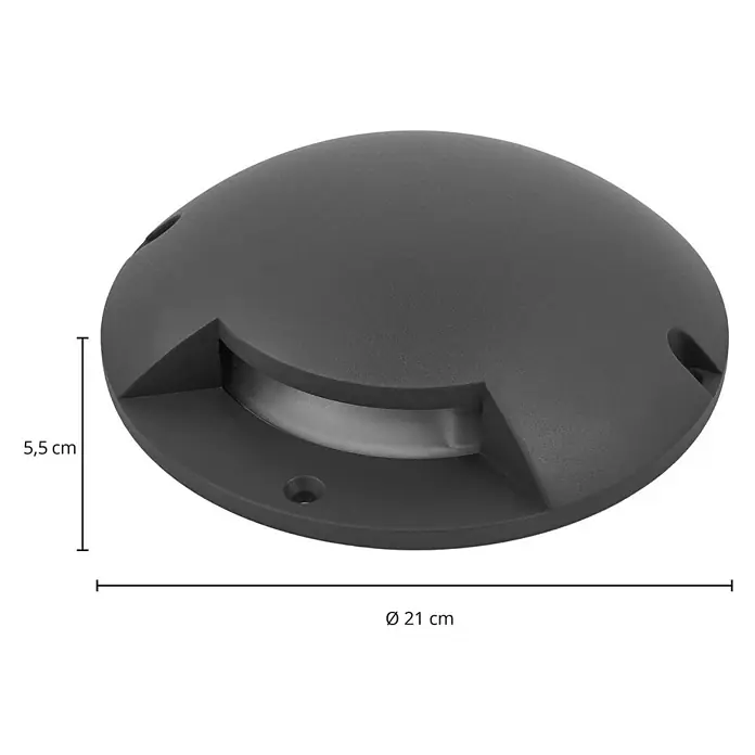 Lindby LED-Gartenstrahler Cormac - 3.000 K - Dunkelgraue, runde Bodeneinbauleuchte, 5,5 cm hoch und 21 cm Durchmesser.