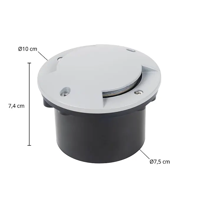 Lindby LED-Gartenstrahler Nandita - 3.000 K - Runde, grau-dunkelgraue Bodeneinbauleuchte, Ø10 cm, 7,4 cm hoch.