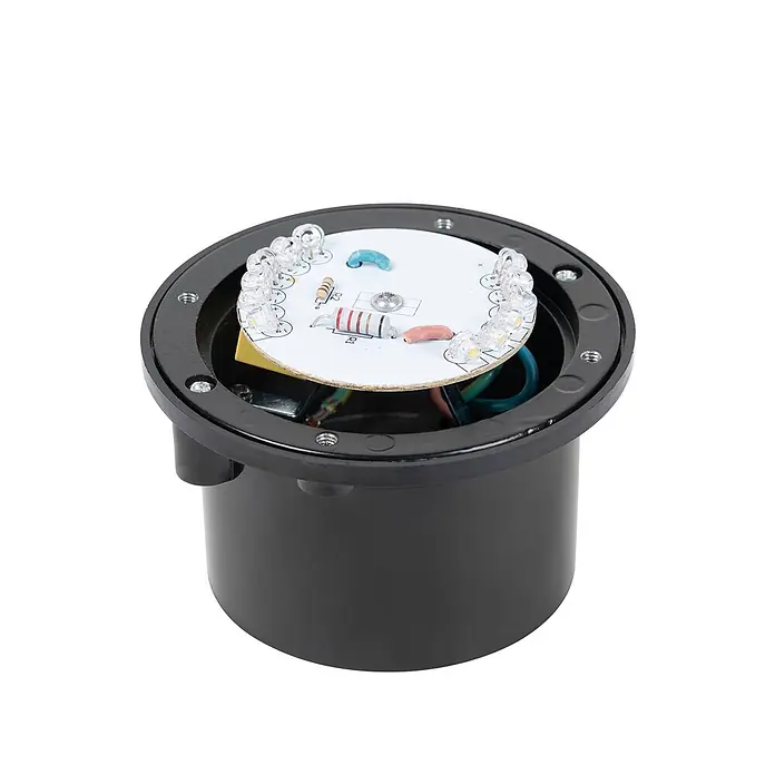 Lindby LED-Gartenstrahler Nandita - 3.000 K - Schwarzes rundes Einbauleuchtenmodul mit weißer Platine, kreisförmiger Anordnung klarer LEDs und Widerständen.