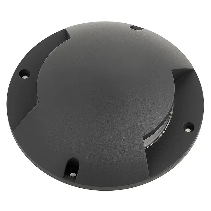 Lindby LED-Gartenstrahler Cormac - 3.000 K - Dunkelgraue runde Bodeneinbauleuchte mit flacher Oberseite, klarem Glasdiffusor und Schraublöchern zur Montage.
