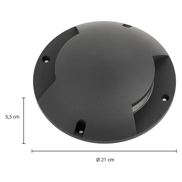 Lindby LED-Gartenstrahler Cormac - 3.000 K - Dunkelgraue runde Bodeneinbauleuchte, Ø 21 cm, 5,5 cm hoch. Strukturierte Oberfläche mit zentralem Lichtaustritt.