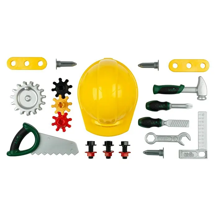 Klein Bosch Kinder-Werkbank Junior - 49 x 29 x 71 cm - Spielzeugwerkzeugset mit gelbem Bauhelm, Schraubenschlüssel, Hammer und anderen Werkzeugen für Kinder zum fantasievollen Spielen.