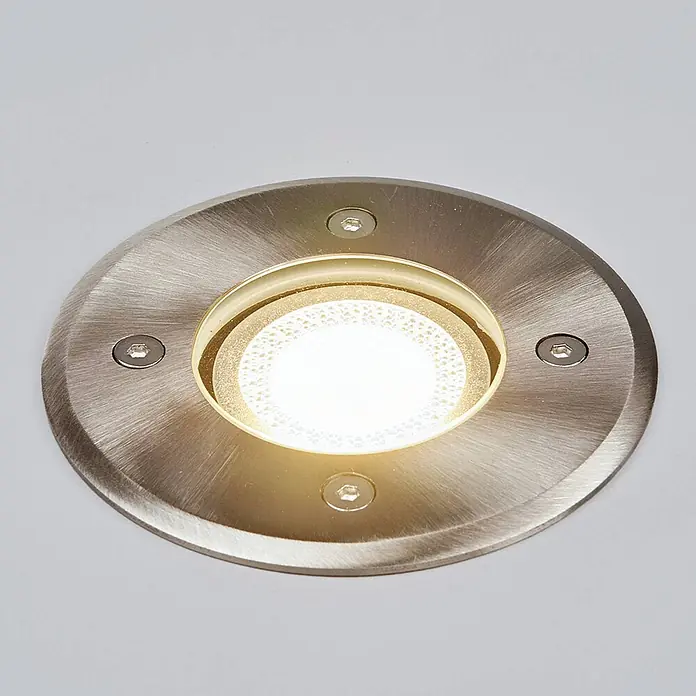 Lindby LED-Gartenstrahler Insa -  - Runde, gebürstete Metall-Bodeneinbauleuchte mit hellem LED-Licht und vier Innensechskantschrauben.