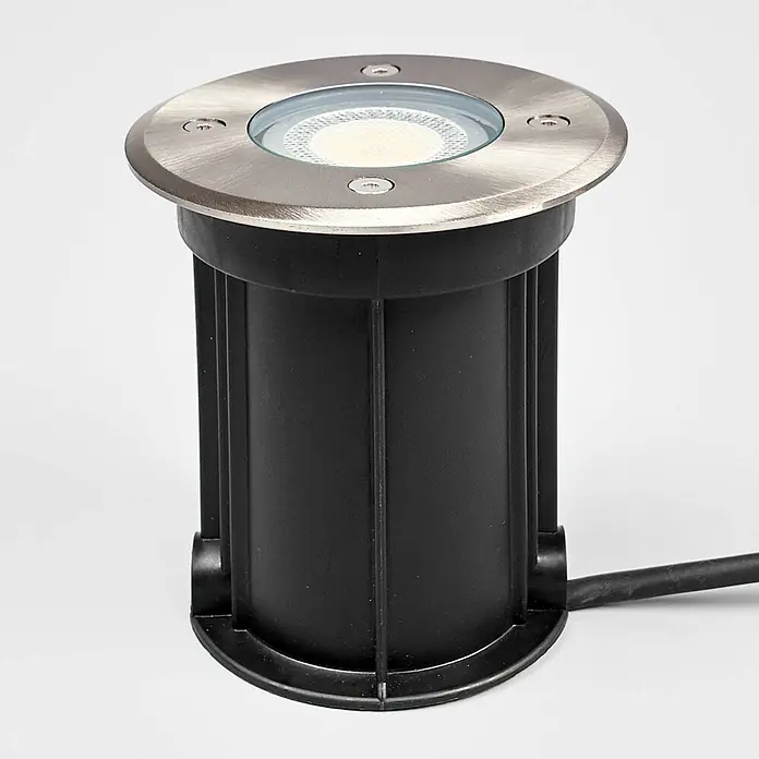 Lindby LED-Gartenstrahler Insa -  - Runde Bodeneinbauleuchte mit gebürstetem Edelstahlrand und schwarzem Zylindergehäuse, Lichtquelle unter Klarglas.