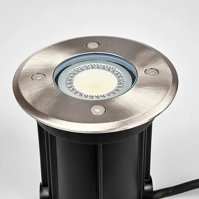 Lindby LED-Gartenstrahler Insa -  - Runde Bodeneinbauleuchte aus gebürstetem Metall mit Klarglas und weißer LED. Mit schwarzem zylindrischem Gehäuse.