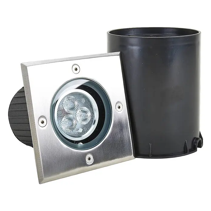 Lucande LED-Gartenstrahler JOS - 3.000 K - Quadratische Bodeneinbauleuchte aus Edelstahl mit drei LED-Lampen und schwarzem Kunststoff-Einbaugehäuse.