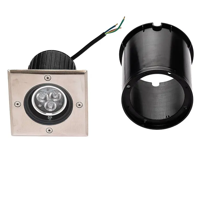 Lucande LED-Gartenstrahler JOS - 3.000 K - Quadratische Einbau-LED-Leuchte aus Edelstahl mit drei LEDs und separatem schwarzem Einbaugehäuse für den Außenbereich.