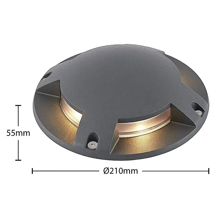 Lindby LED-Gartenstrahler Cormac - 3.000 K - Runde, dunkelgraue Bodeneinbauleuchte, Ø210mm, 55mm hoch, mit warmweißer Innenbeleuchtung.