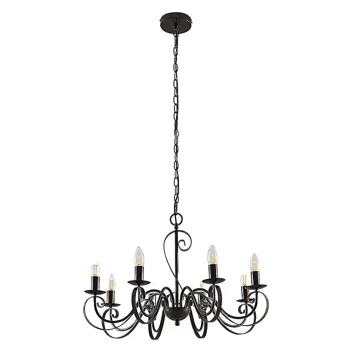 Lucande Kronleuchter Caleb - braun / rost, rostbraun, E14 - Dunkelbrauner Metall-Kronleuchter mit 8 LED-Kerzenlampen, an einer Kette hängend. Traditionelles Schmiedeeisen-Design.