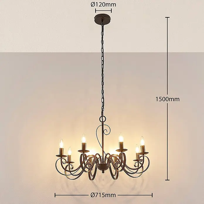 Lucande Kronleuchter Caleb - braun / rost, rostbraun, E14 - Rustikaler dunkler Metall-Kronleuchter mit acht Lichtern, Ø715mm Durchmesser, 1500mm Höhe, von der Decke hängend.